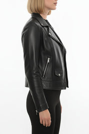 model-side-view - Women's Biker Leather Jacket, Women's Moto Jacket, Leather Motorcycle Jacket, Women's Leather Moto Jacket