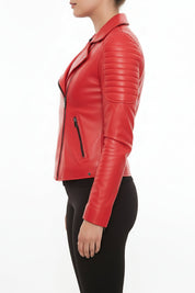 model-side-view - Women's Biker Leather Jacket, Women's Moto Jacket, Red Leather Jacket, Handmade Biker Jacket