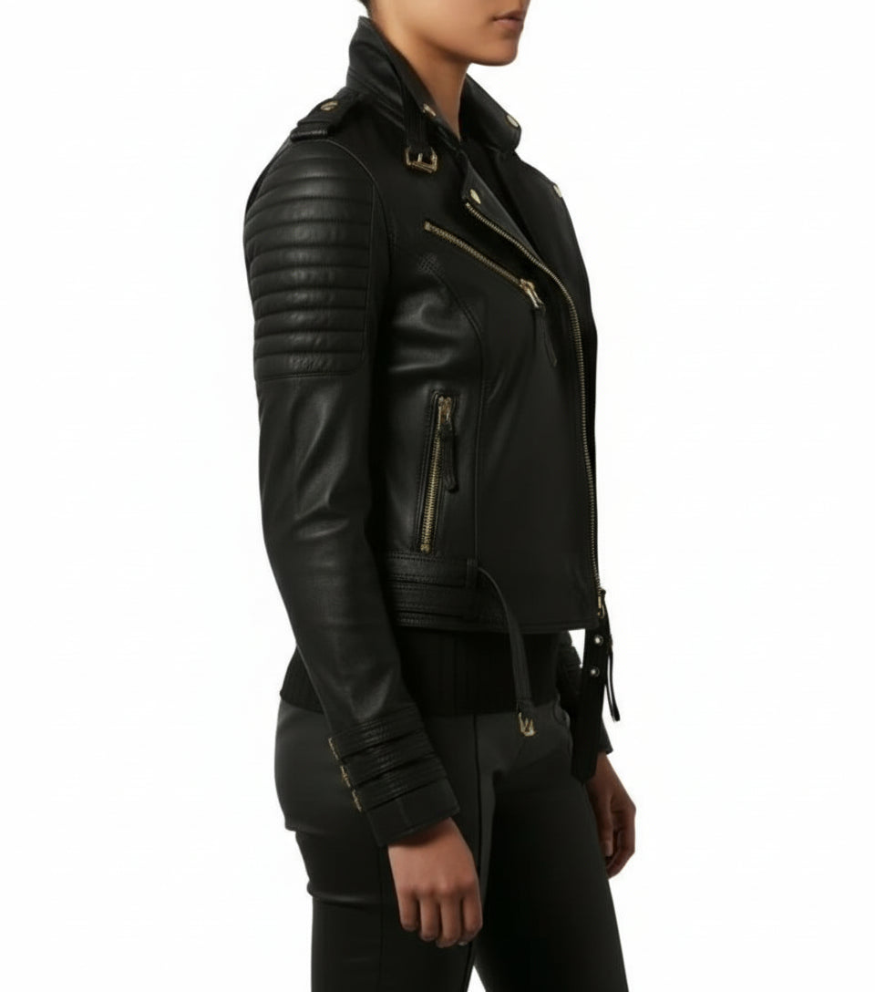 model-side-view - Women's Biker Quilted Black Leather Jacket