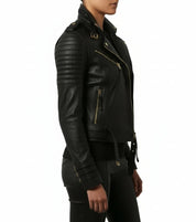 model-side-view - Women's Biker Quilted Black Leather Jacket