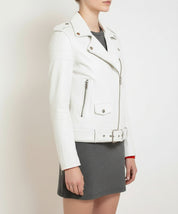 model-side-view - Women's Biker Style White Lambskin Leather Jacket