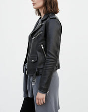 model-side-view - Women's Black Leather Biker Jacket