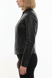 model-side-view - Women's Cafe Racer Leather Jacket, Women's Biker Jacket, Leather Moto Jacket, Handmade Leather Jacket