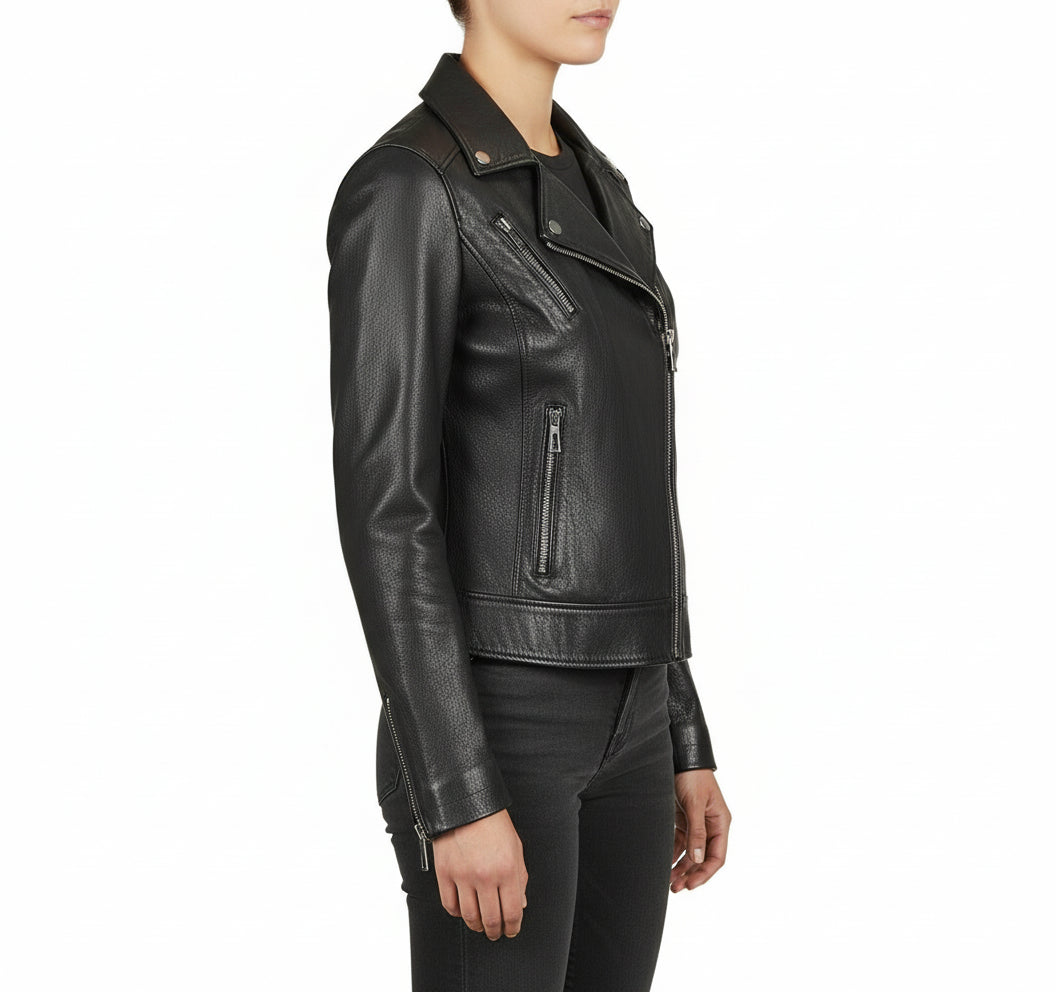 model-side-view - Women's Moto Leather Jacket, Leather Biker Jacket, Women's Motorcycle Jacket, Women's Asymmetrical Zip Jacket