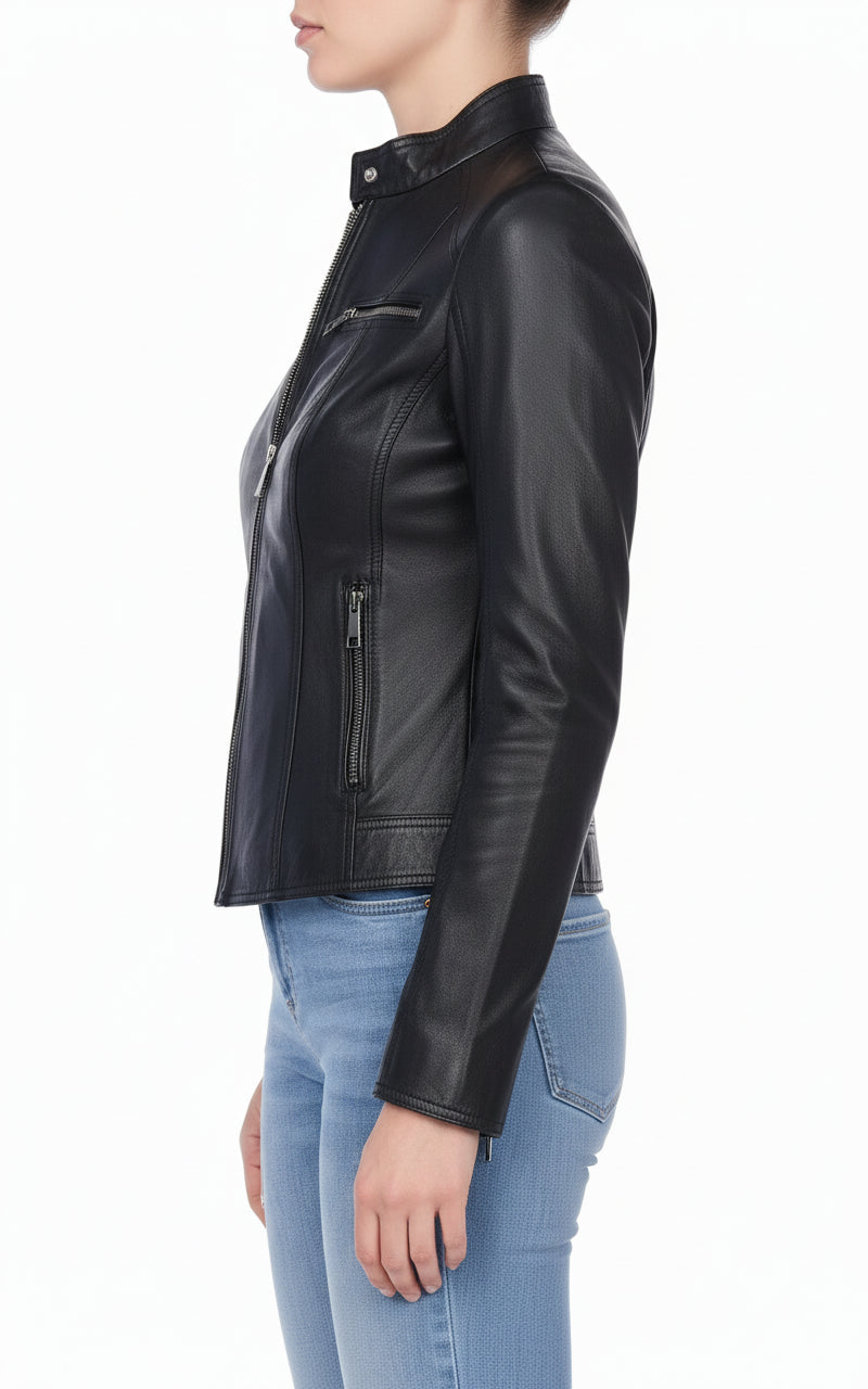 model-side-view - Women's Moto Leather Jacket, Women's Motorcycle Jacket, Women's Biker Jacket, Women's Leather Jacket