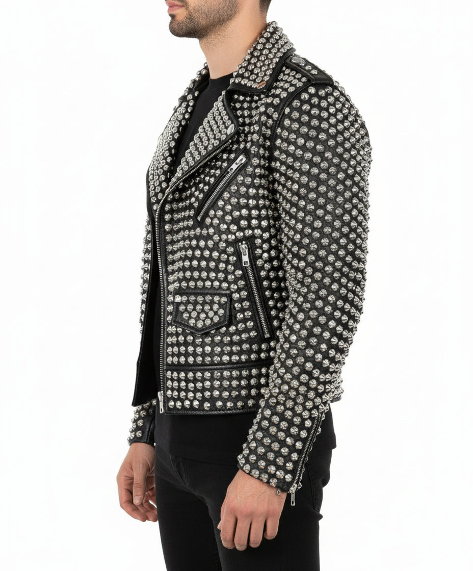 model-side-view - Womens Rock star All over Silver Studded Cowhide Leather Moto Jacket