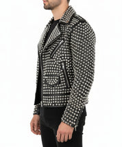 model-side-view - Womens Rock star All over Silver Studded Cowhide Leather Moto Jacket