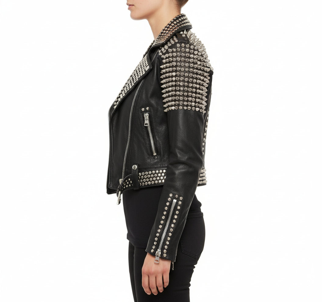 model-side-view - Women's Studded Biker Leather Jacket in Punk Rock Style