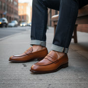 Brown Leather Moccasins Loafers - model-siting