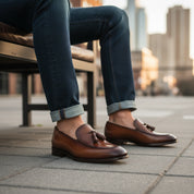 Brown Leather Tassel Moccasins Formal Dress Shoes - model-siting