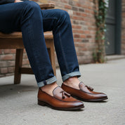 Brown Leather Tassel Moccasins Formal Dress Shoes - model-siting