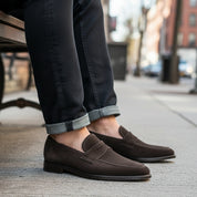Brown Suede Leather Moccasins Loafer Slip Ons - model-siting