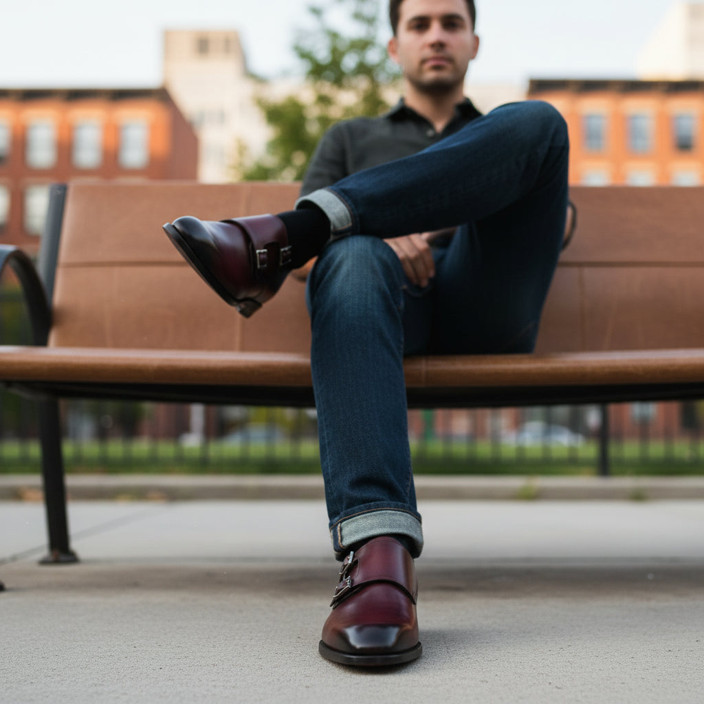 Burgundy Monk Leather Shoes - model-siting