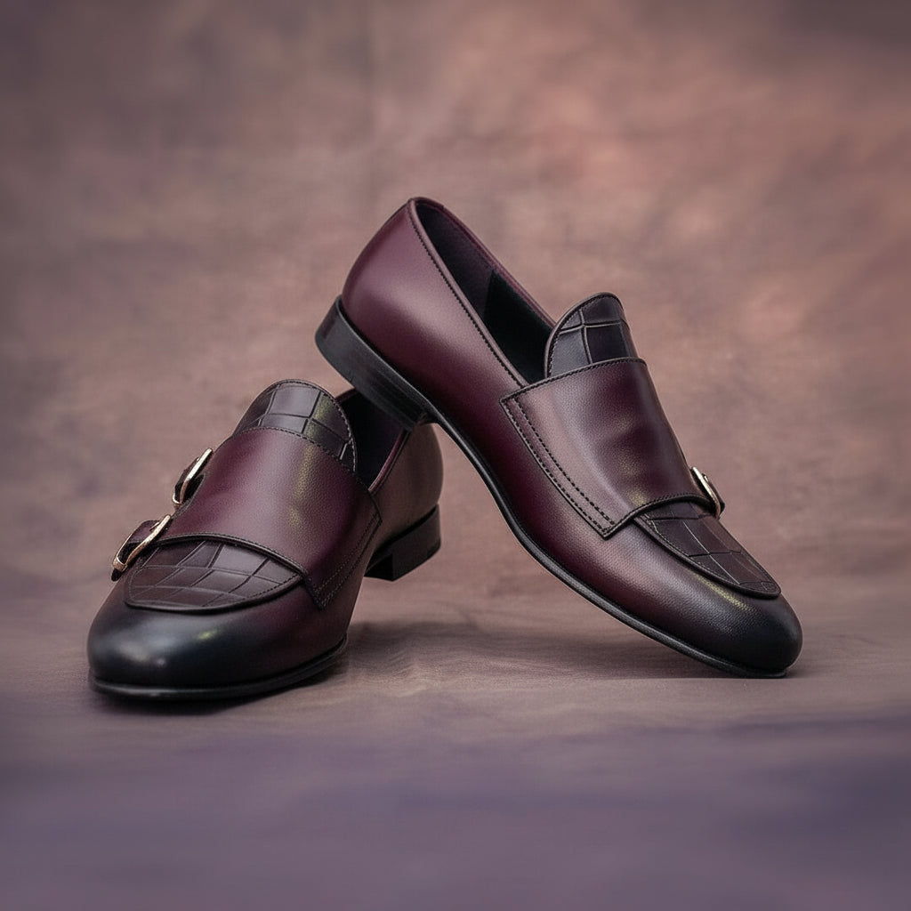 Double Monk Leather Dress Shoes, Penny Loafer Style - model-siting