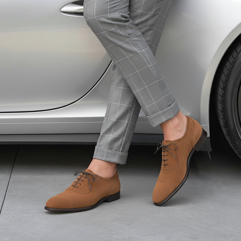 Handmade Mens Beige Color Suede Brogue Dress Shoes, Men Oxford Formal Shoes - model-siting