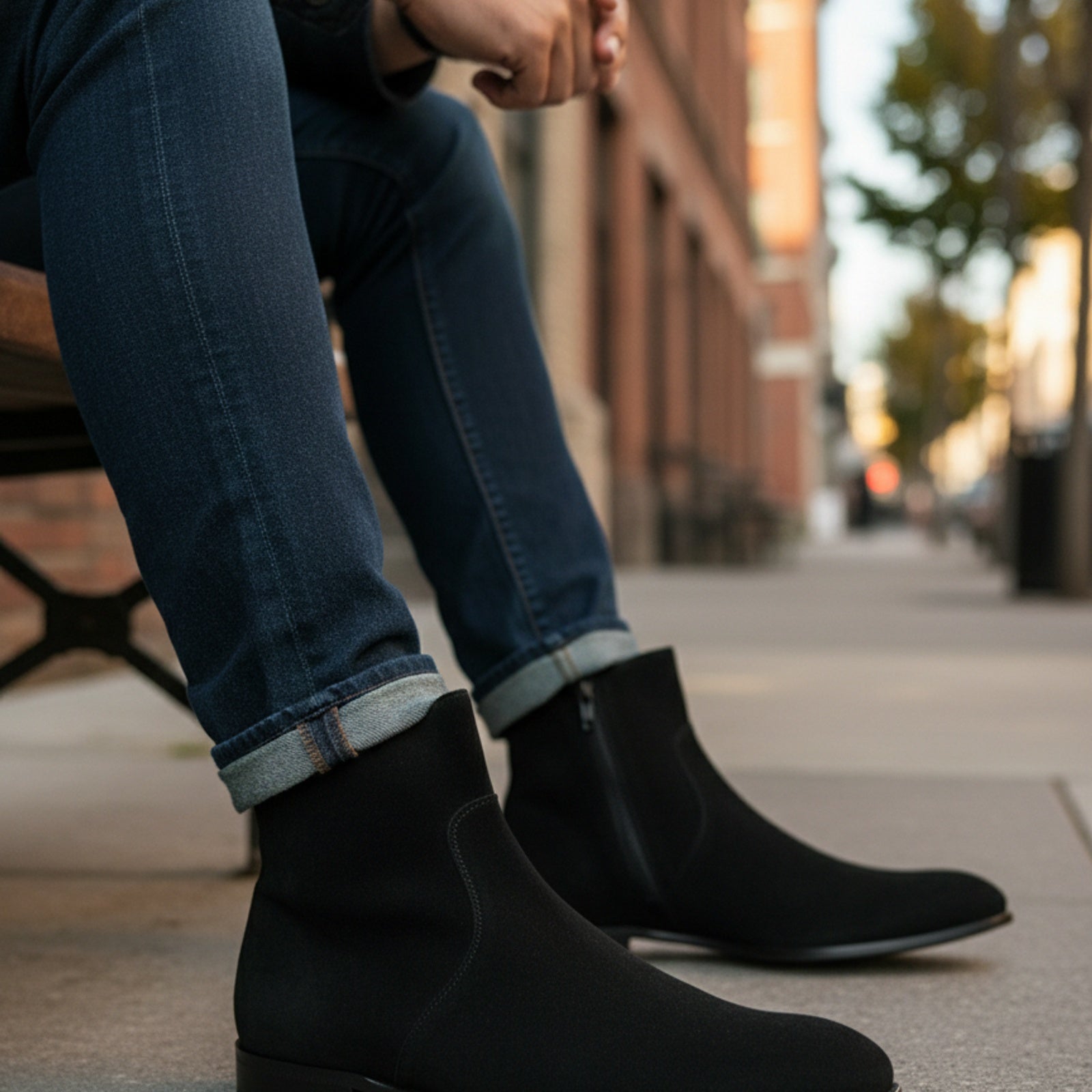 Handmade Mens Black Side Zipper Suede Leather Boots, Mens Ankle High Suede - model-siting