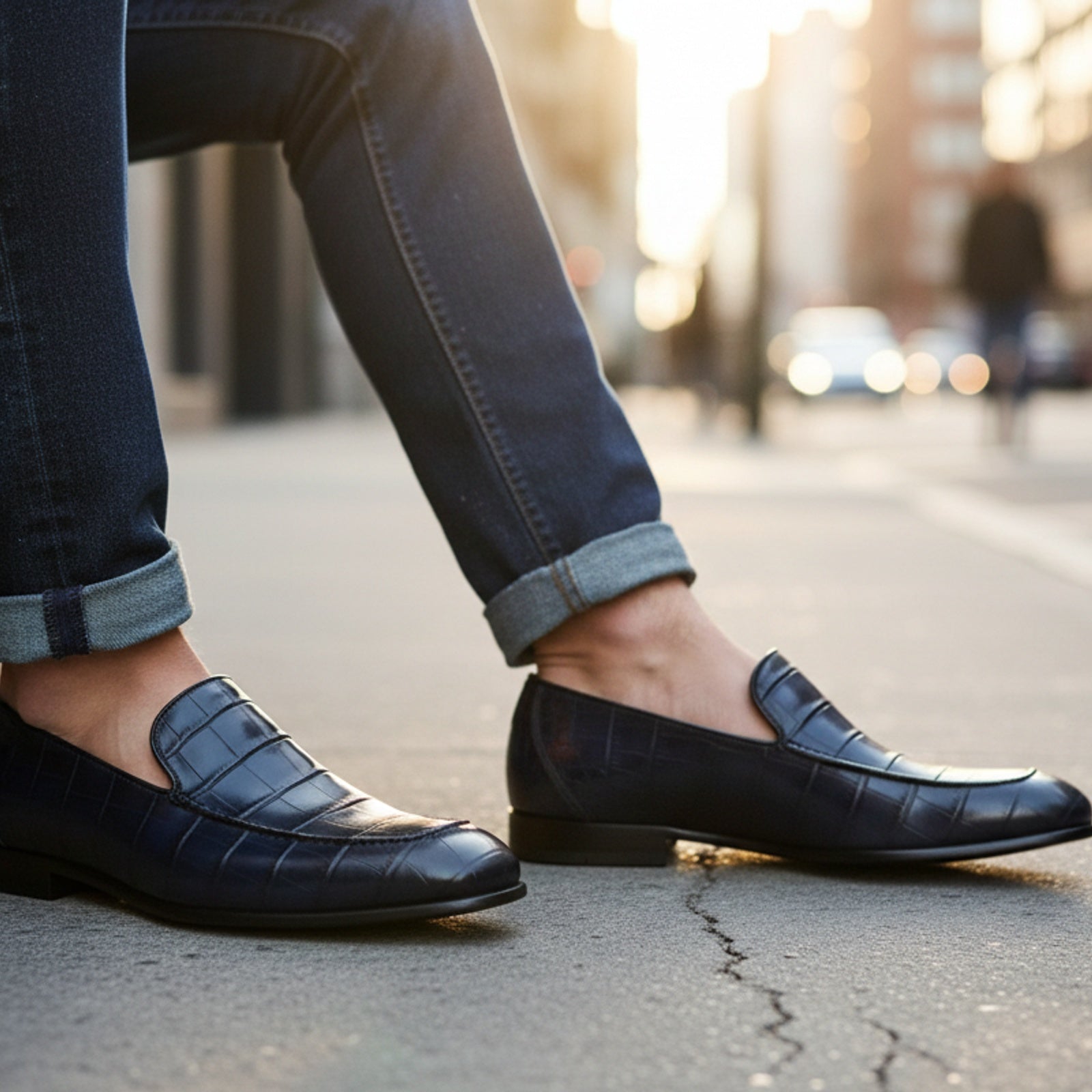 Handmade Mens Blue Alligators Shoes, Men Blue Crocodile Penny Loafer - model-siting