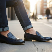 Handmade Mens Blue Alligators Shoes, Men Blue Crocodile Penny Loafer - model-siting
