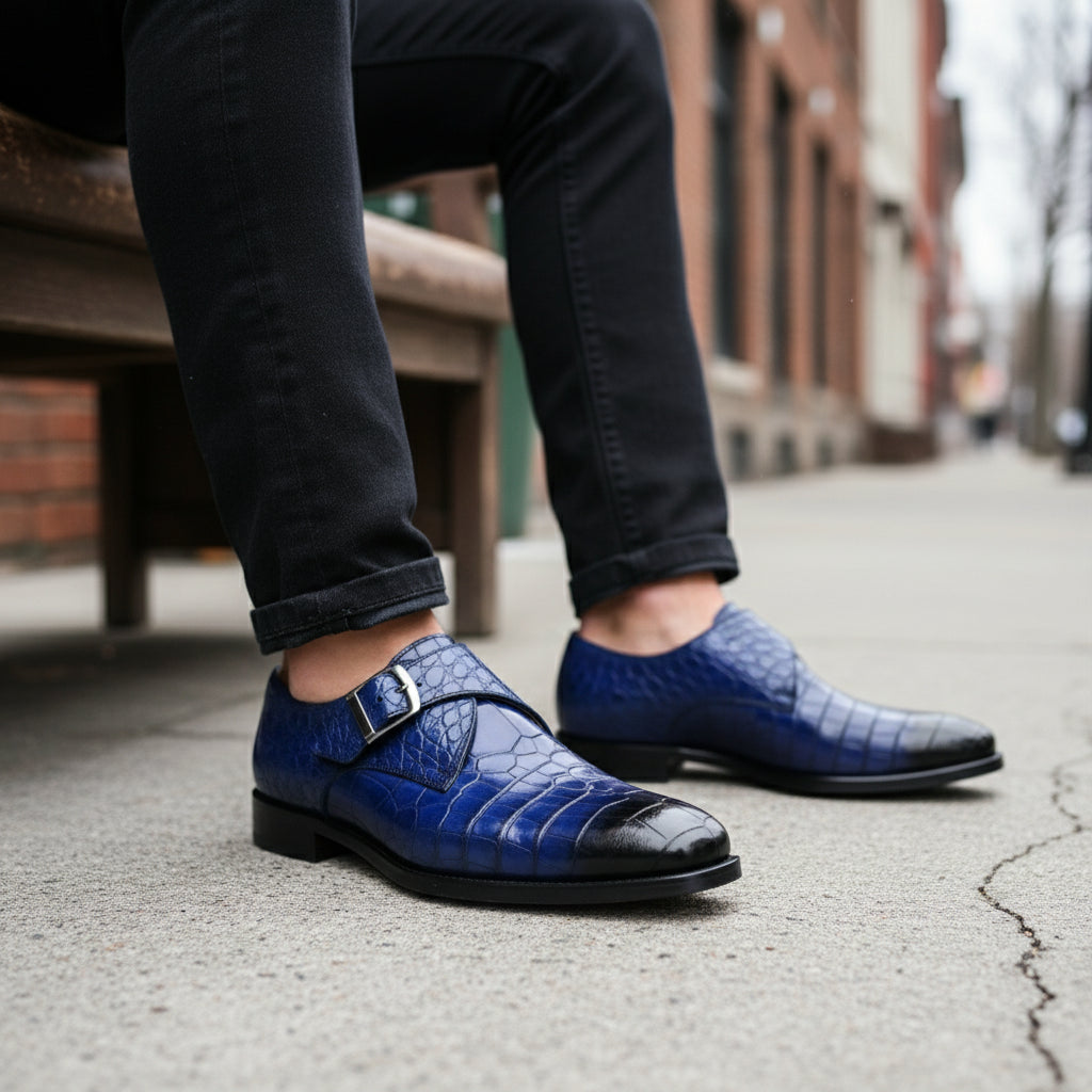 Handmade Mens Blue Crocodile Embossed Monk Shoes, Men Blue Dress Shoes - model-siting