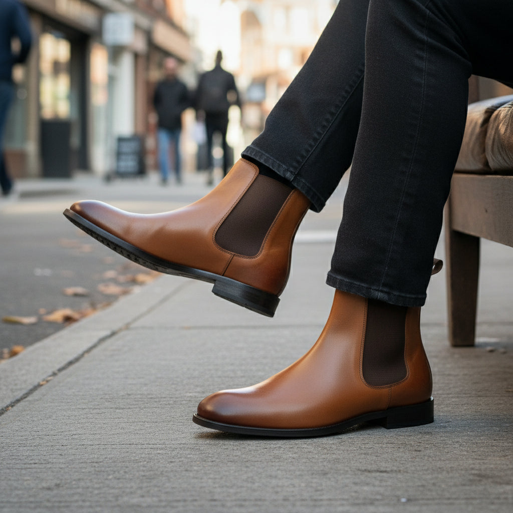 Handmade Mens Brown Chelsea Leather Boot, Mens Leather Boot, Men Ankle Boot - model-siting