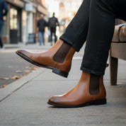 Handmade Mens Brown Chelsea Leather Boot, Mens Leather Boot, Men Ankle Boot - model-siting