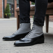 Handmade Mens Fashion Gray and Black Akle Boots, Men Suede Leather Boots - model-siting