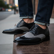 Handmade Mens Formal Shoes, Men Two Tone Wing Tip Dress Shoes, Shoes - model-siting
