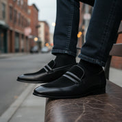 Handmade Mens Leather Shoes, Men Formal Slip on Leather Moccasin Dress Shoe - model-siting
