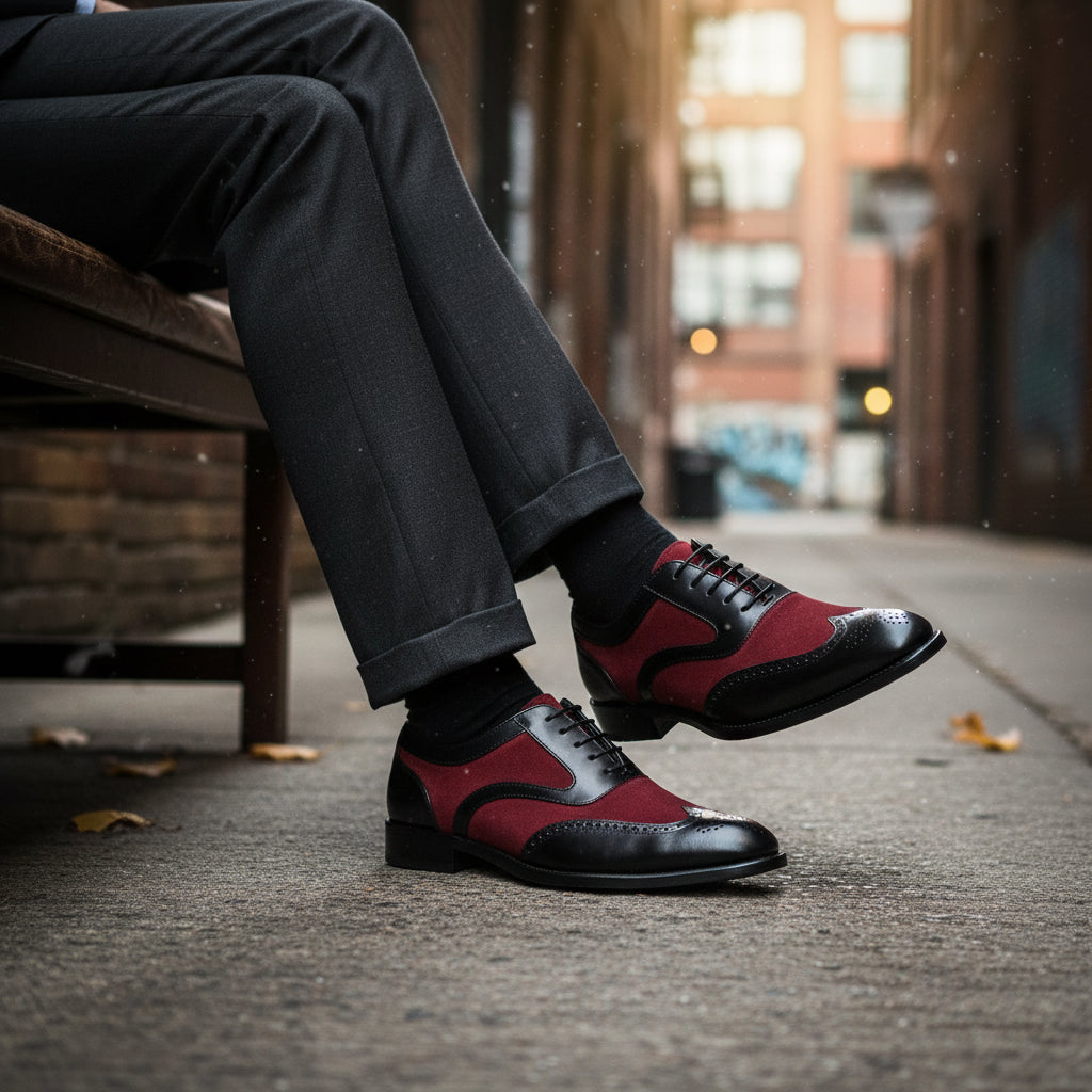 Handmade Mens Oxford Wing Tip Suede and Calf Leather Black and Red - model-siting