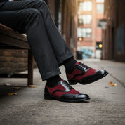 Handmade Mens Oxford Wing Tip Suede and Calf Leather Black and Red - model-siting