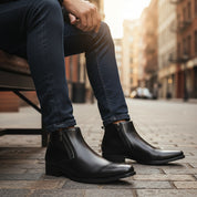 Handmade Mens Pointed Toe Boots, Men Black Zipper Ankle Boot, Fashion - model-siting