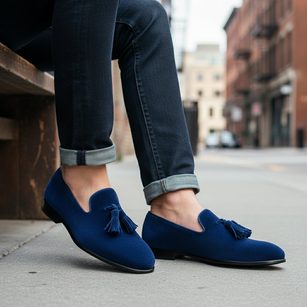 Handmade Mens Royal Blue Tassels Loafer Velvet Shoes, Men Blue Velvet Shoes - model-siting