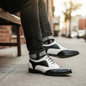 Handmade Mens Spectator Shoes, Men Black and White Lace Up Shoes, Shoes - model-siting