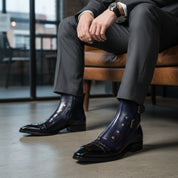 High Ankle Leather Boots with Blue Side Zipper - model-siting