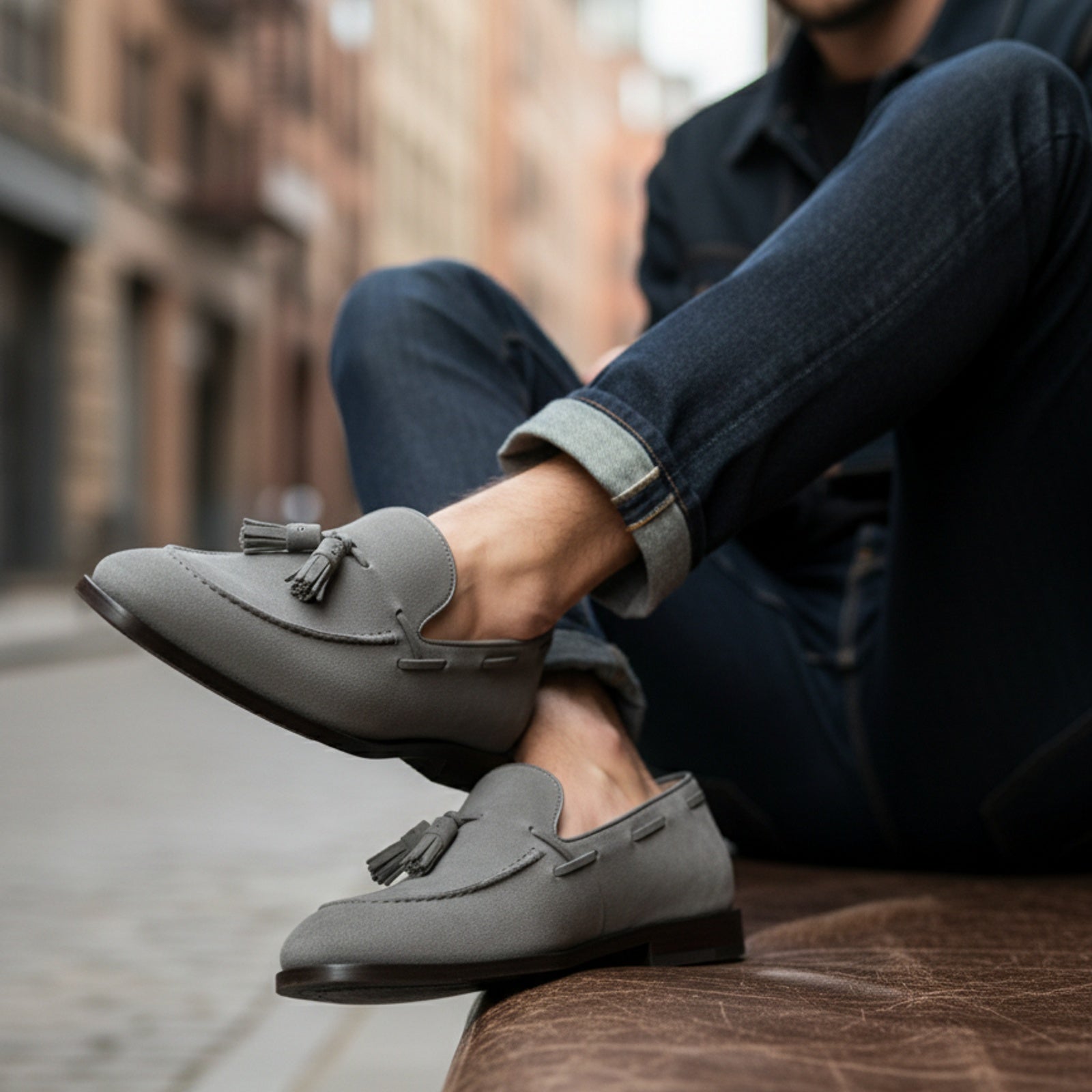 Light Gray Suede Tassel Moccasins - model-siting