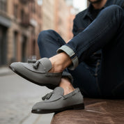 Light Gray Suede Tassel Moccasins - model-siting