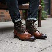 Men Brown Suede and Leather Lace Up Boots, Mens Fashion Leather Boots - model-siting