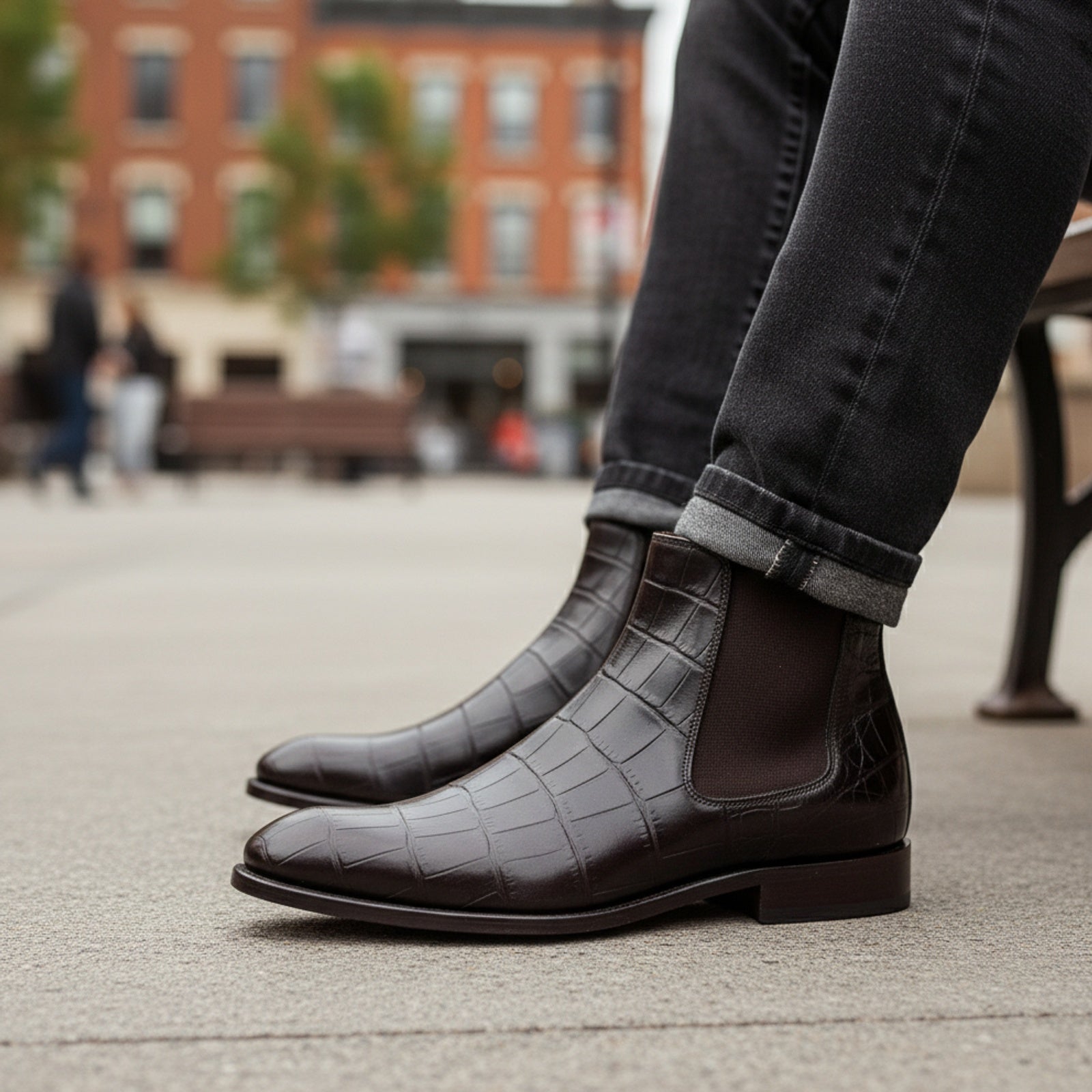 Men Crocodile Boots, Dark Brown Crocodile Texture Boots, Mens Boot - model-siting