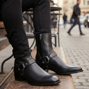 Men Fashion High Ankle Side Zipper Black Boot, Men Genuine Leather Boot - model-siting