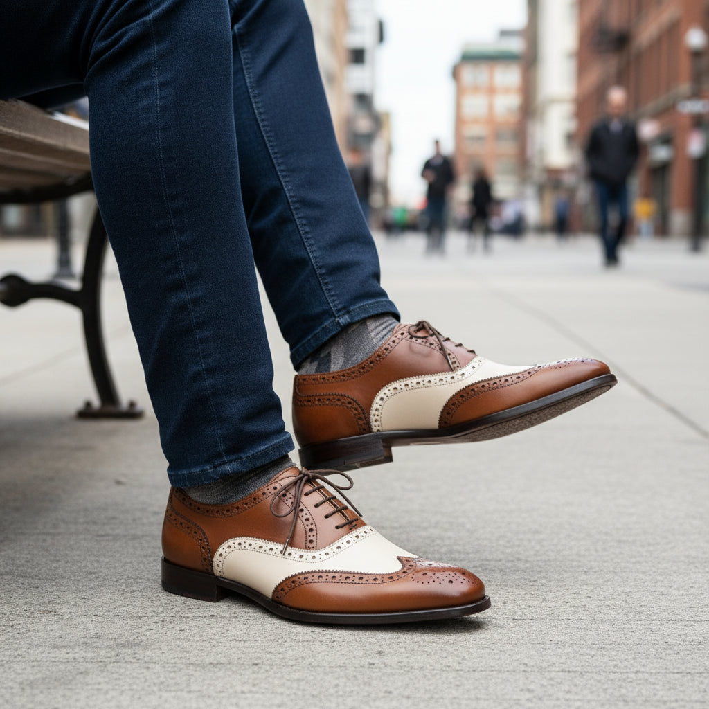 Men Spectator Shoes, Two Tone Shoes, Brown and White Formal Shoes, - model-siting