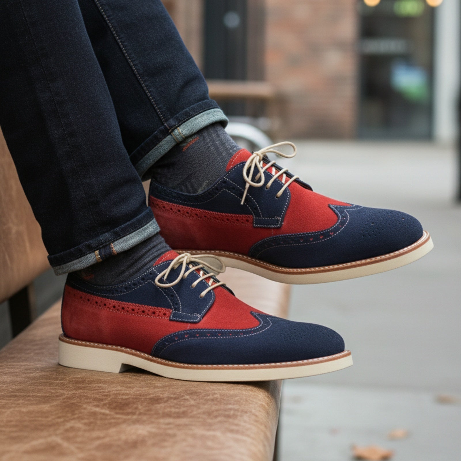 Men Two Tone Suede Leather Shoes, Derby Red and Navy Crepe Sole Shoes - model-siting