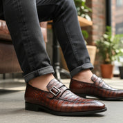 Men's Alligator Embossed Leather Moccasins - model-siting