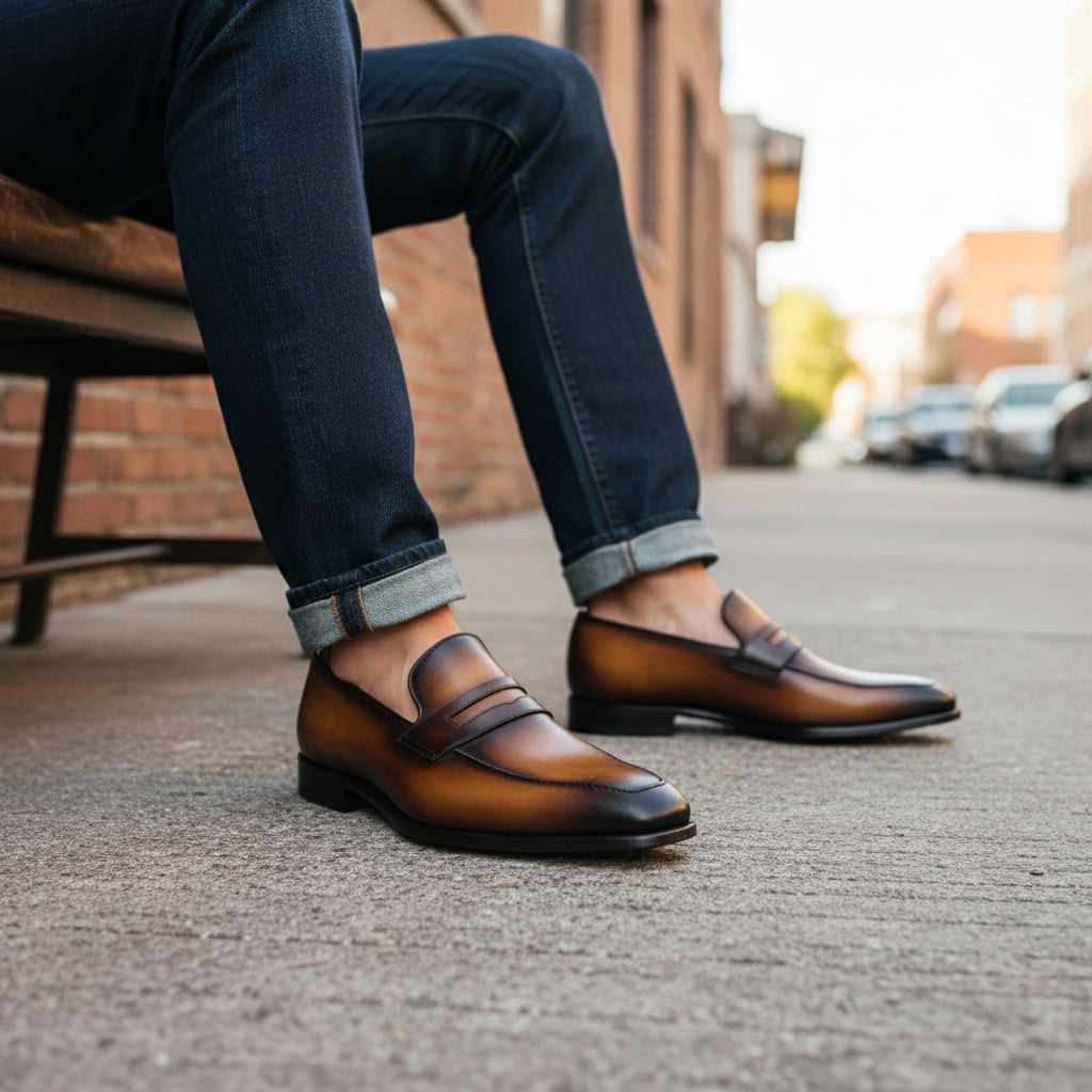 Men's Almond Toe Moccasin Dress Shoes in Tan and Black Leather - model-siting