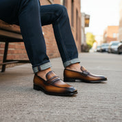 Men's Almond Toe Moccasin Dress Shoes in Tan and Black Leather - model-siting