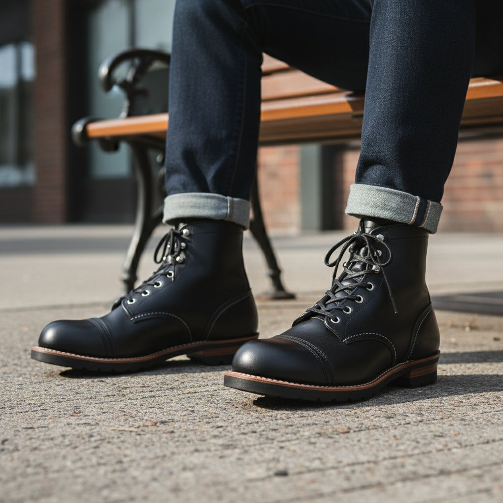 Men's Ankle High Black Leather Casual Boots - model-siting