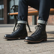 Men's Ankle High Black Leather Casual Boots - model-siting