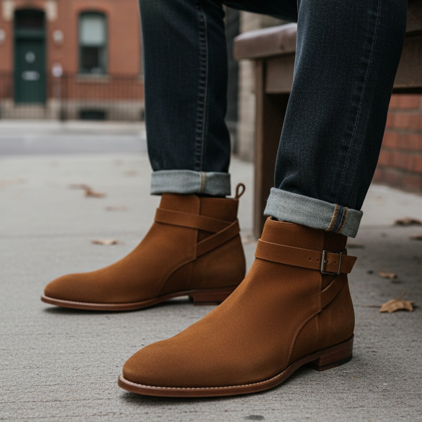 Men's Ankle High Suede Jodhpurs Boots in Tan Brown - model-siting