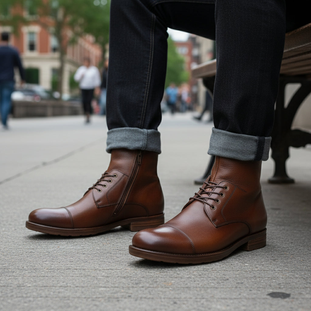 Men's Antique Brown Leather Ankle Boots with Side Zipper - model-siting