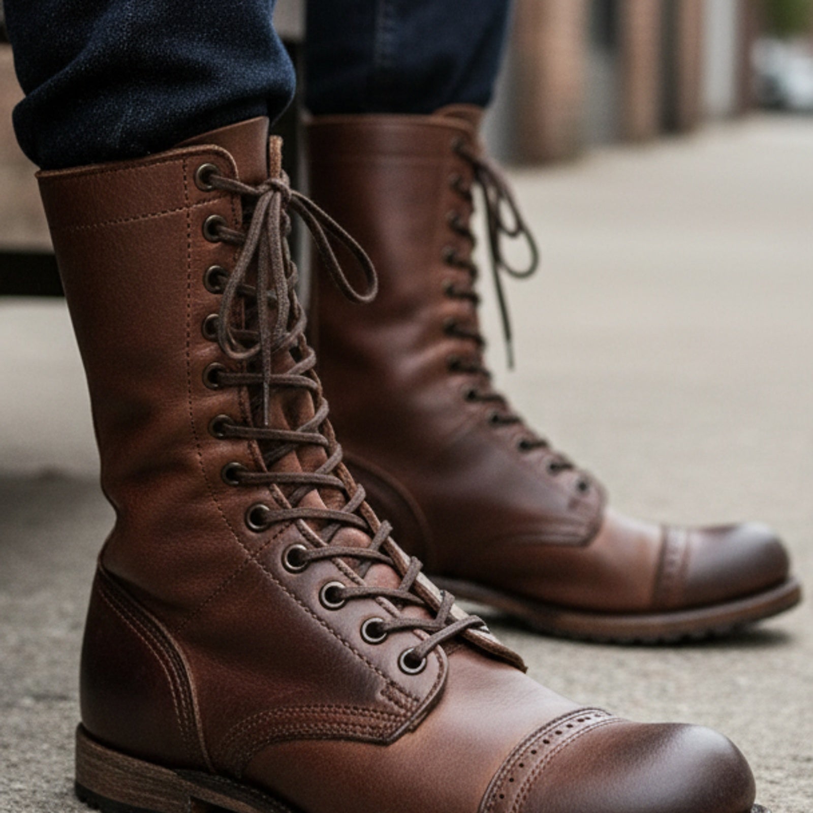 Men's Antique Brown Leather High Ankle Biker Boots - model-siting