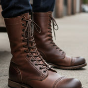 Men's Antique Brown Leather High Ankle Biker Boots - model-siting